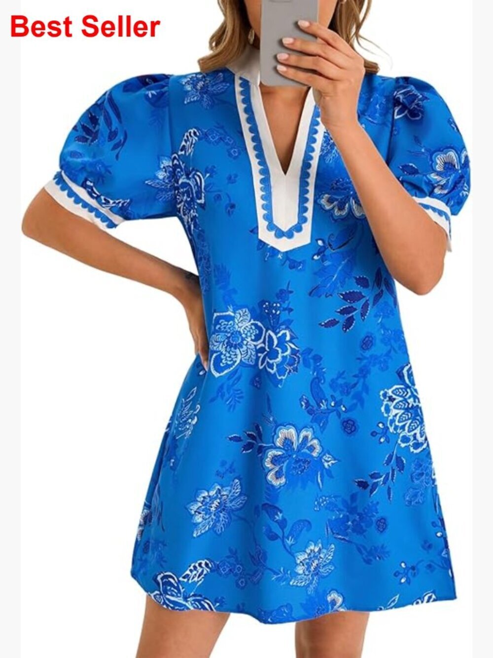 Floral Puff Sleeve V Neck Mini Dress with Pockets Recycled Polyester